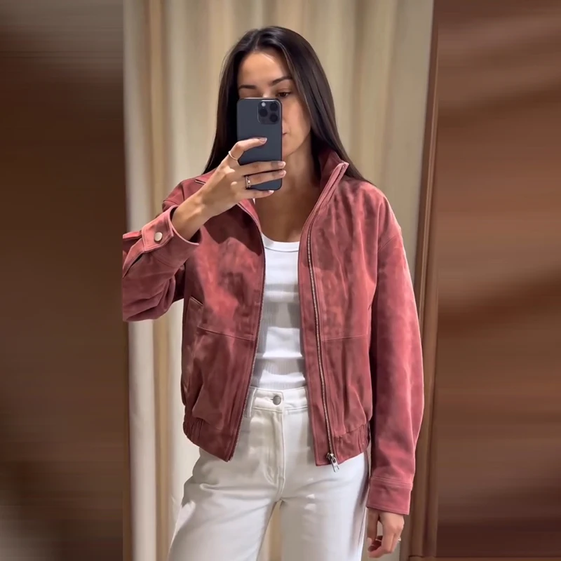 Lässige Damen-Wildlederjacke mit Stehkragen, durchgehendem Reißverschluss, langen Ärmeln und Taschen, Damenmantel, Herbst/Winter 2026, Damen-Oberbekleidung, Neu – Detail 6