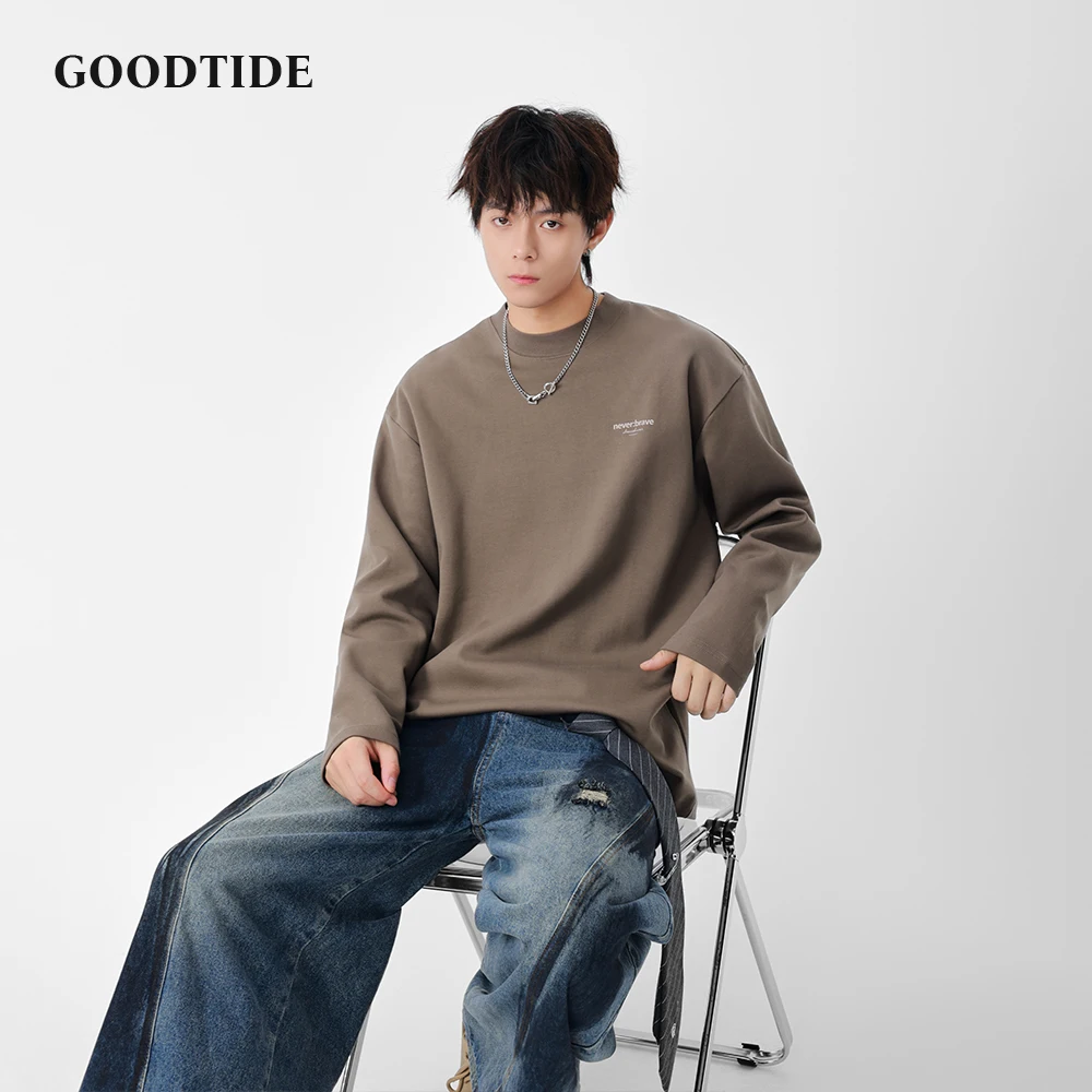 Fashion Men's Casual Crew Neck Long Sleeve T Shirt 2025 Winter Minimalist Logo Detail Loose Fit Comfortable Daily Wear Top