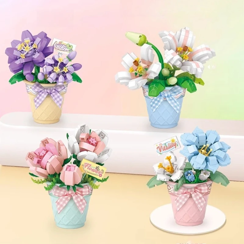 

SEMBO Tulip Bouquet Building Blocks Creative Hand-assembled Cactus Sunflower Plant Potted Toys Rose Bouquet Desktop Decoration