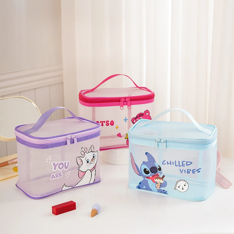 Disney Cartoon Stitch Makeup Bag Girl Colorful Sheer Gauze Large Capacity Cartoon Cute Travel Storage Toiletry Bag Makeup Bag