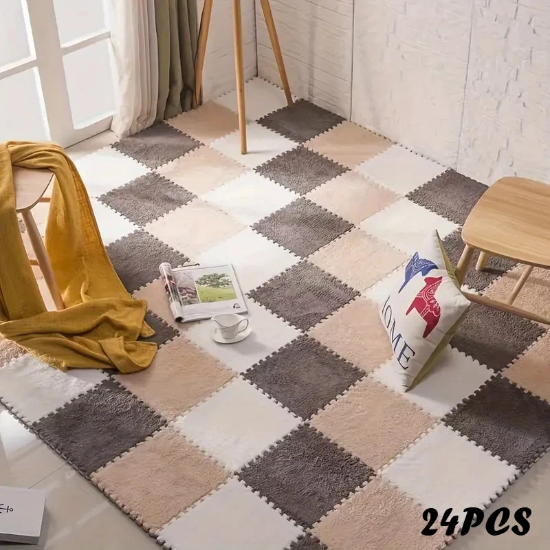 24PCS Plush Puzzle Foam Floor Mat Soft Fluffy Interlocking Square Foam Tiles Area Rugs Carpet for Parlor Bedroom