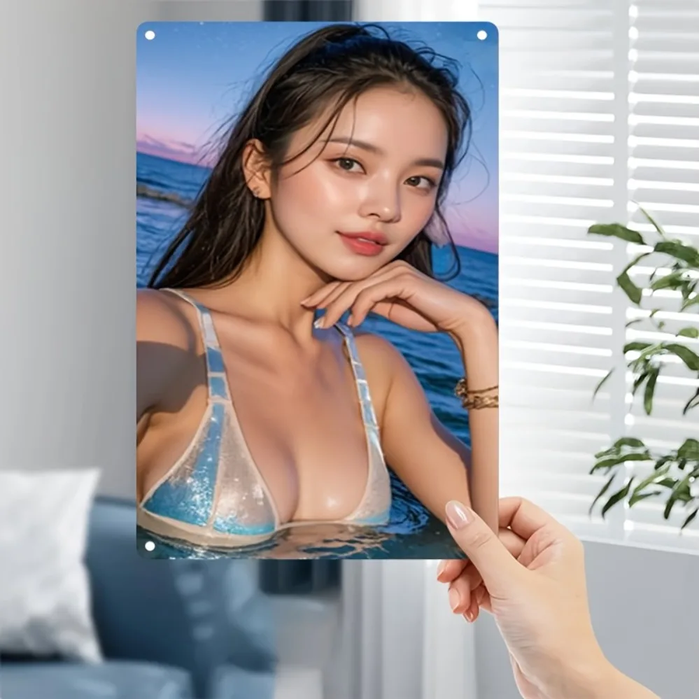 Metallschilder, Vintage-Strandposter mit blauer Bikini-Dame, langlebige Eisen-Wandkunst für Zuhause, Bar, Café, Weihnachtsdekoration, Einweihungsgeschenk