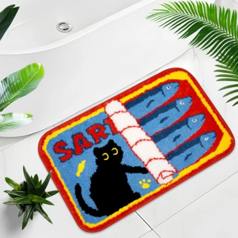 VIKAMA Cartoon Cat Bath Mat Pink Trim Blue Base Fish Paw Print Non‑Slip Absorbent Floor Mat For Bathroom Entryway Home Decor
