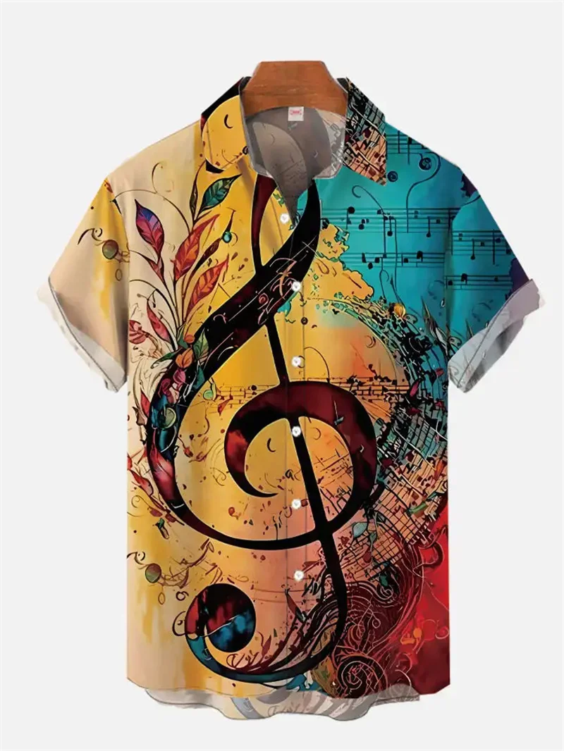 Music Notation Pattern Hawaiian Shirt Men Musical Instrument 3D Print Short Sleeve Shirts Fashion Harajuku Loose Beach Shirts