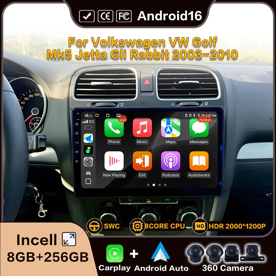 For Volkswagen VW Jetta Bora Mk5 Vento GLI 2005-2010 Car Radio Carplay Android Auto Wireless 8Core Wifi Gps 4G Multimedia Play