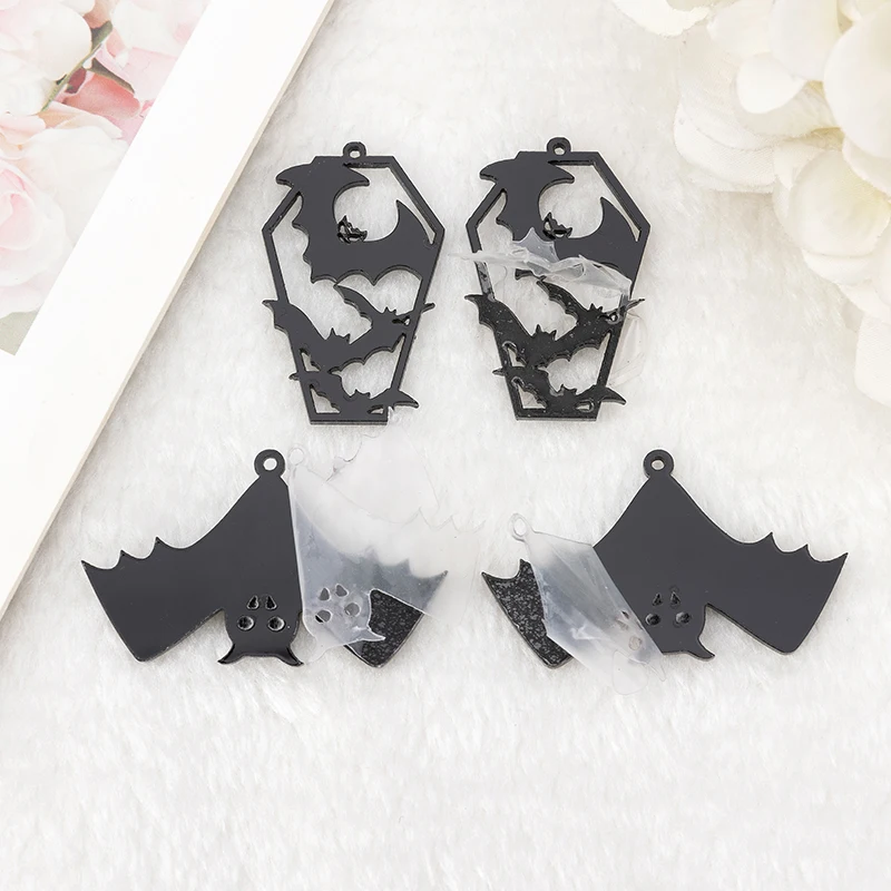 10Pcs Halloween Bat Charms Acrylic Coffin For Necklace Keychain Pendant DIY Earring Making