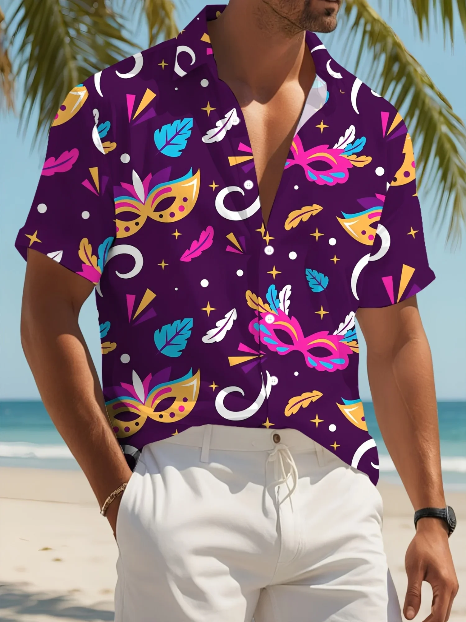 

Stylish Men's Casual Hawaiian Shirt Beach Style Pattern Print Tshirt Lapel Collar Breathable Soft Summer Tops For Outdoor