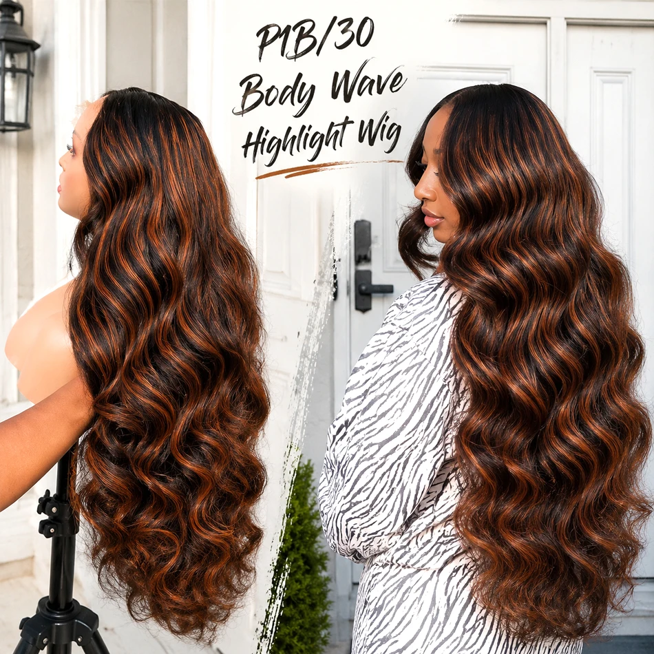 36 Inch Body Wave Human Hair Wig Glueless HD Transparent Lace Frontal with P1B/30 Colored Highlight for Women 5x5