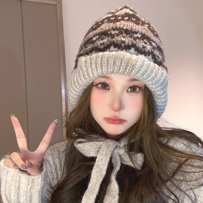 Winter Thickened Plush Knitted Hat with Ear Protection Striped Spliced Pullover Fashion Hat Bag Dual Purpose Warm Cold Resistant