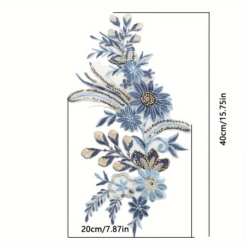 زوج واحد، فستان مطرز من قماش الدانتيل بالترتر الأزرق مع ياقة مزخرفة، رقعة خياطة شبكية مناسبة لتزيين الزفاف بنفسك