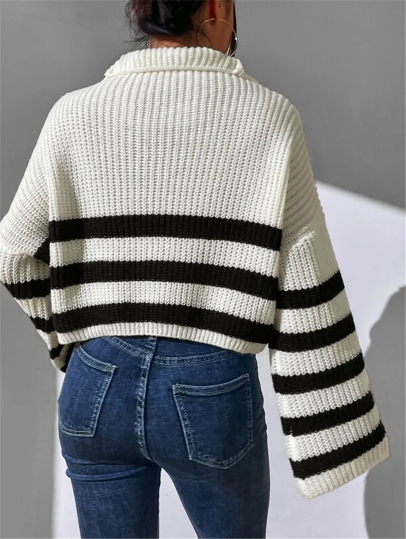 Long Flare Sleeves Party Loose Knit Pullovers Women Striped Zipper Knitted Top Fashion Autumn Winter Casual Elegant Sweater