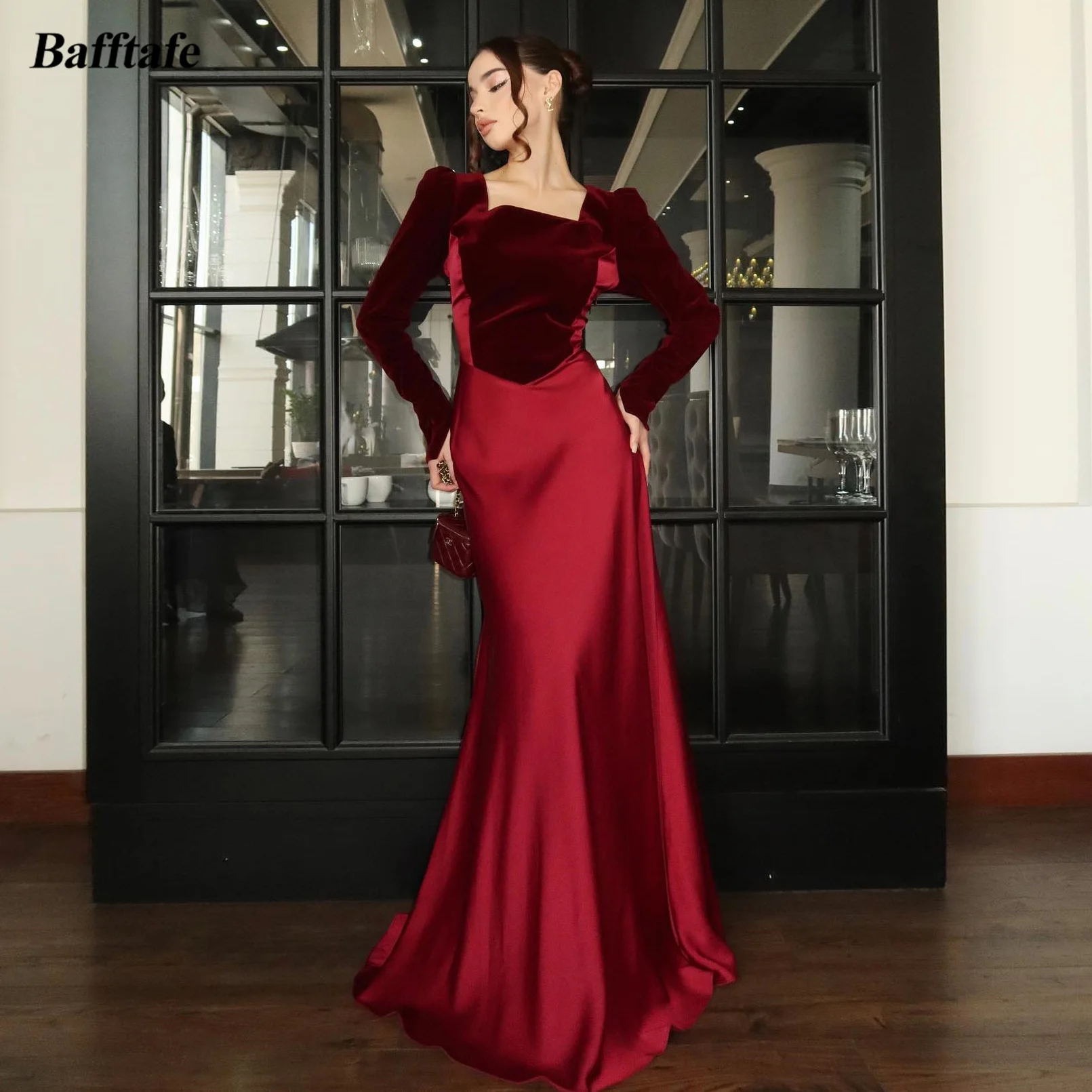 

Bafftafe красные бархатные вечерние платья с длинными рукавами на заказ атласные женские платья для выпускного вечера с квадратным воротником вечернее платье для дня рождения
