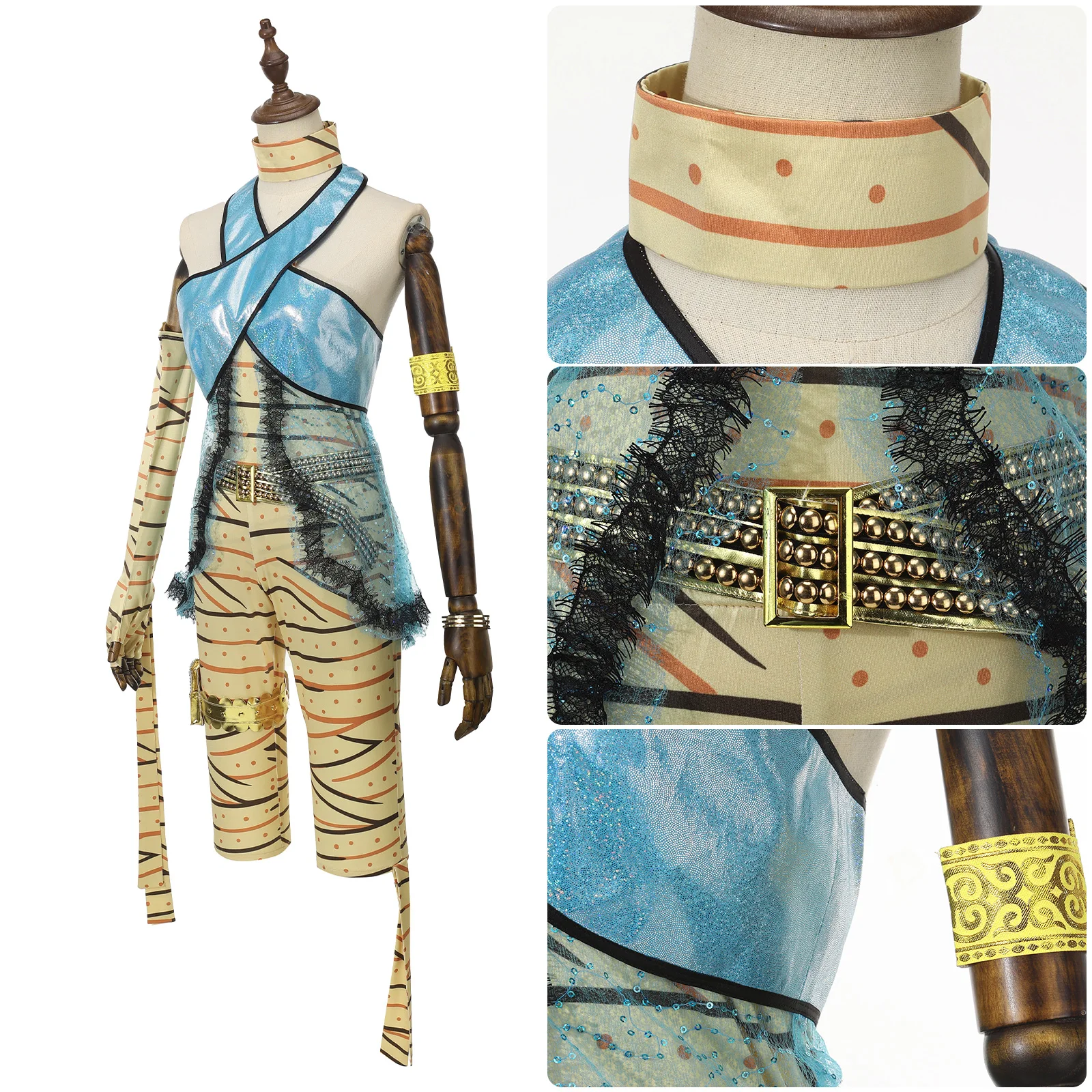 

Anime Nile Cosplay Costume Girl Mummy'S Daughter Blue Yarn Top with Belt Bracelet Gloves Set Halloween Carnival Uniform Set