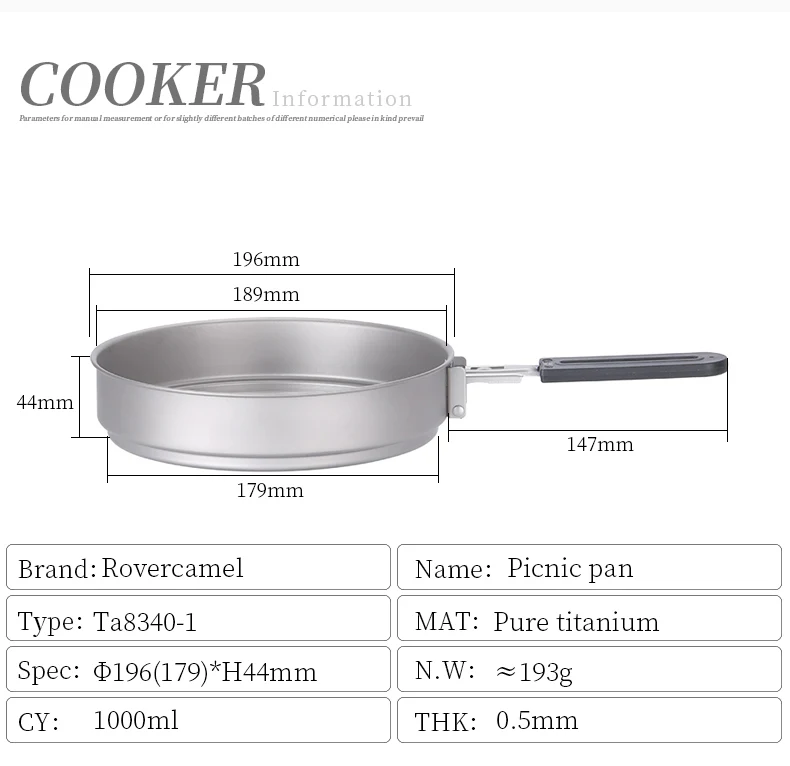 3pcs Ultralight Titanium Camping Cookware Set Folding Handle Nesting Pot and Pan Mess Kit for Backpacking Hiking Outdoor
