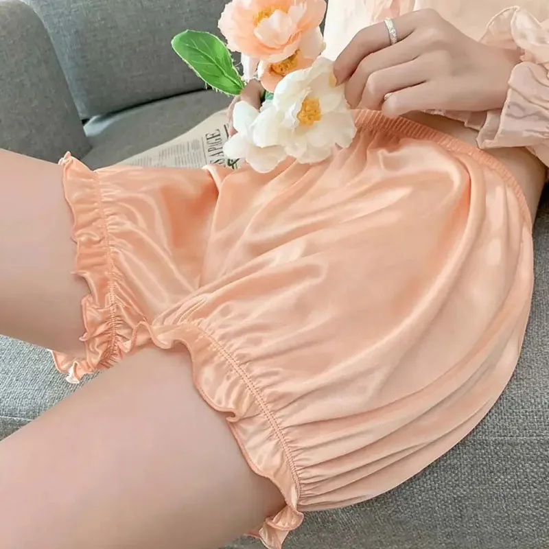 Satin Safety Short Pants Ice Silk Bloomer Shorts Women Ruffled Pumpkin Pants Victorian Pettipants Sleeping Bottoms Shorts