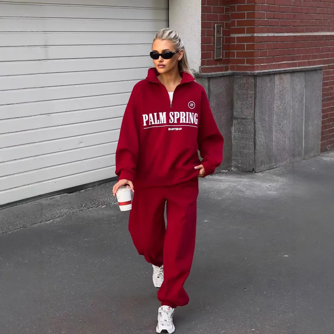 

Letter Print Half Zipper Sweatshirt And Jogger Trouser Two Piece Set High Collar Pullover Tops + Long Trouser Female Outfits