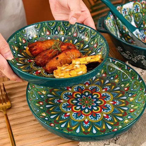 7/8inch Bohemian Ceramic Underglaze Colour Plate High Appearance Level Home Creative Dish Plate Fruit Steak Round Plate