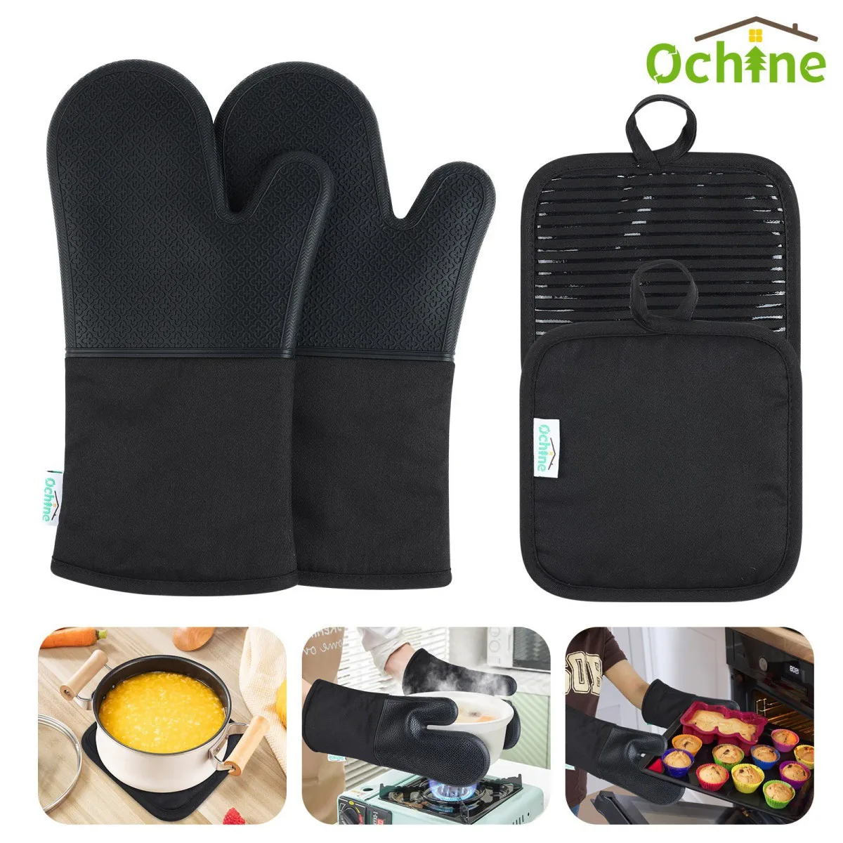 4Pcs Oven Mitts Pot Holders for Kitchen Cotton Lining Heat Resistant Oven Gloves Non-slip Mittens Hot Pads Kitchen Supplies