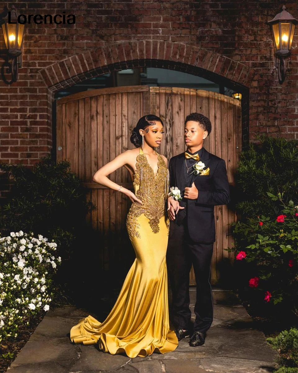 Customized Gold Velvet Mermaid Prom Dress For Black Girls 2024 Sequins Crystals Beaded Formal Party Prom Gala Gown YPD162