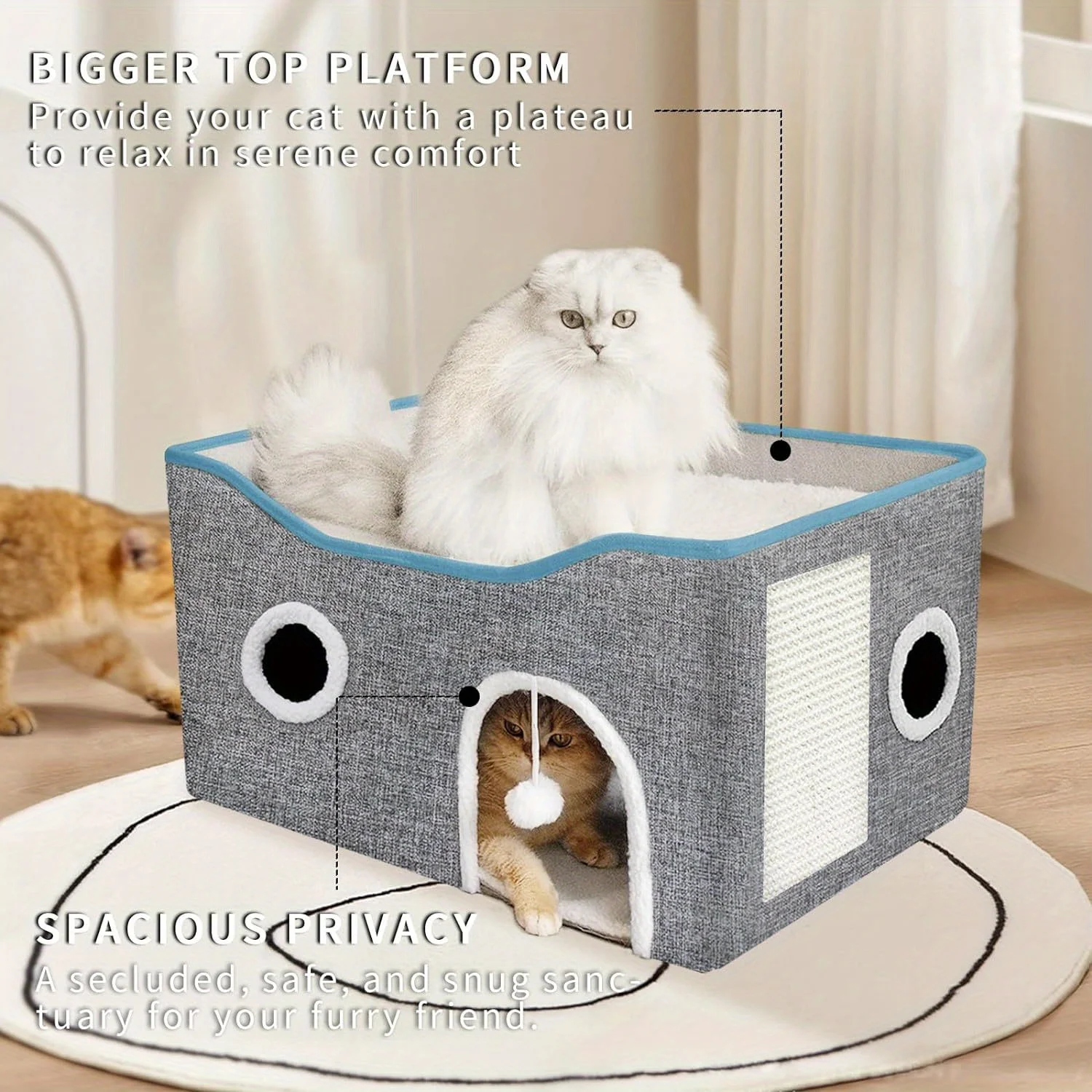 

Extra-Wide Cat House for Indoor Cats - Large Cat Cave for Pet Cat House with Fluffy Ball Hanging and Scratch Pad, Foldable