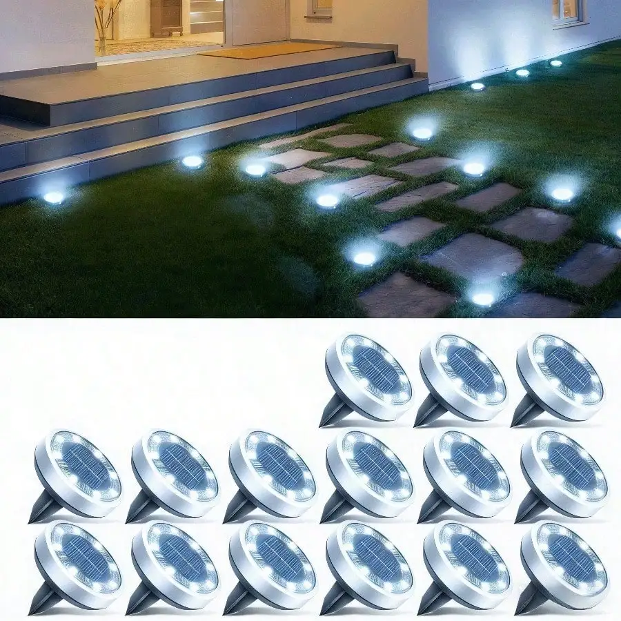 Paquete de 8/16 luces solares subterráneas de 8 LED súper brillantes para exteriores, fácil instalación, encendido y apagado automático, luces solares subterráneas perfectas para jardín, patio trasero, escaleras, piscina, acera, camino, camino de acceso, cama de flores - Blanco cálido y frío IP44