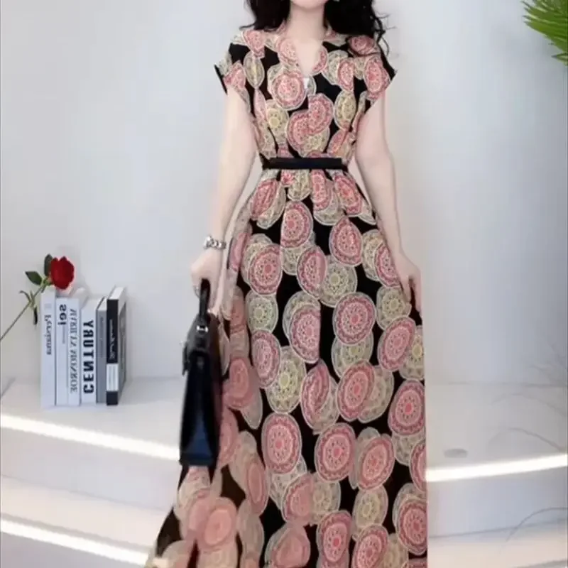 แฟชั่นดอกไม้พิมพ์ชุดยาวผู้หญิงลําลองหลวมชายหาดบางชุดเอวสูง LACE-Up เสื้อผ้าหญิง