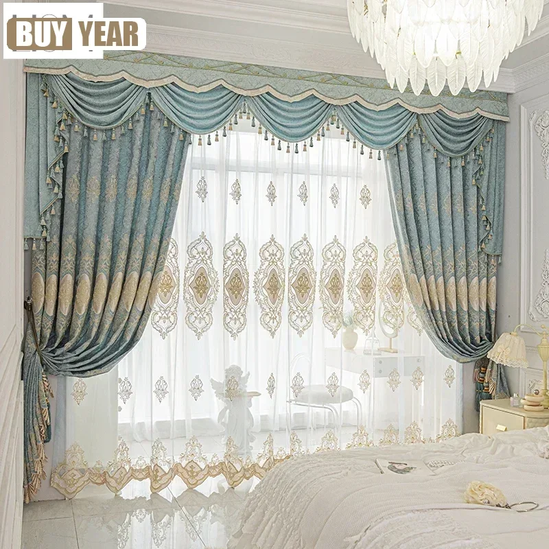 European Luxury Chenille Embroidered Curtains For Living Room Bedroom Dining Blackout Blue Valance Decor Custom White Tulle Sale