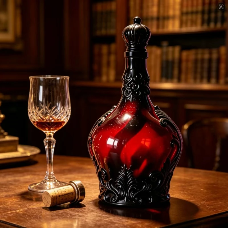 Ornate Embossed Crown Glass Decanter Gothic Style Red Black Whiskey Liquor Bottle for Bar Home Shelf Display Decor