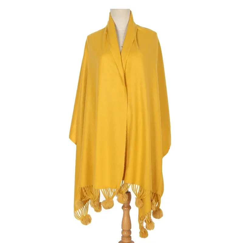 

Autumn Winter Imitation Rabbit Hair Ball Scarf Warm Knitting Women Shawl Female Poncho Lady Capes Yellow Cloaks