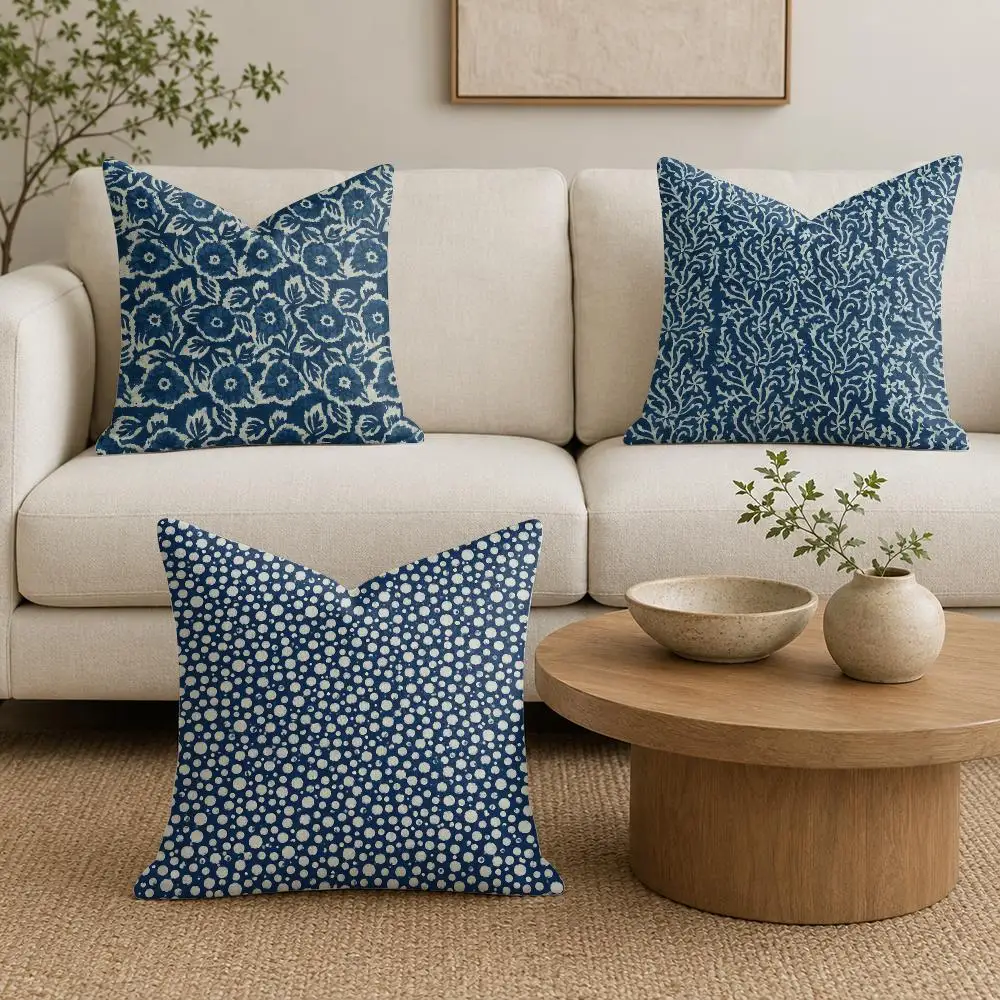 Indigo Batik Seamless Cushion Cover Natural Linen Organic Fabric Double-Sided Printing Sofa Home Decor Gift Pillow Cover