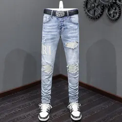 Designer High Street Fashion New Men's Jeans Washed Light Blue Nostalgic White Patched Jeans Hip Hop Brand Stretch Slimming Pant