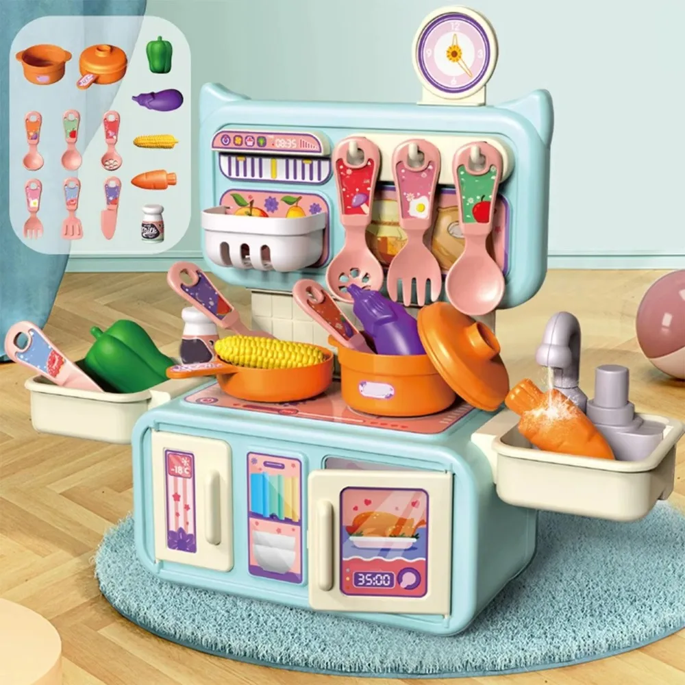 New Mini Children Kitchen Set Simulated Tableware Kitchen Counter Play Set Cook Food DIY Pretend Play Role Gift