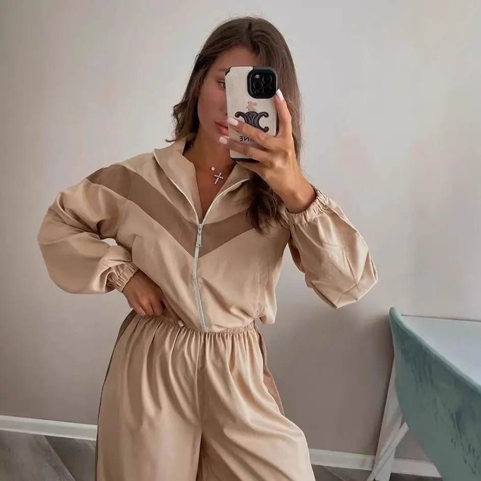 

Faionable Casual Women's Long Sve Color Blo Sports Open Cardigan Pants Set Street Sle Ensemble Autumn Long Pants