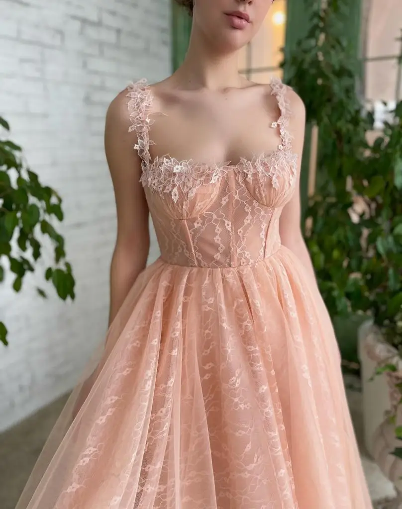 Tulle Spaghetti Straps Prom Dresses Square Collar A-line 3D Flower Girl's Homecoming Dress Elegant Pleated Tea-length Party Gown