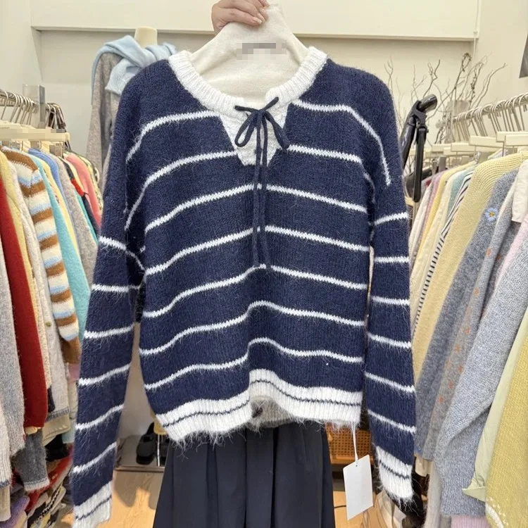 

Женский вязаный свитер с завязками Long Sve round Ne Striped Casual Top Vintage Versatile Autumn Faion