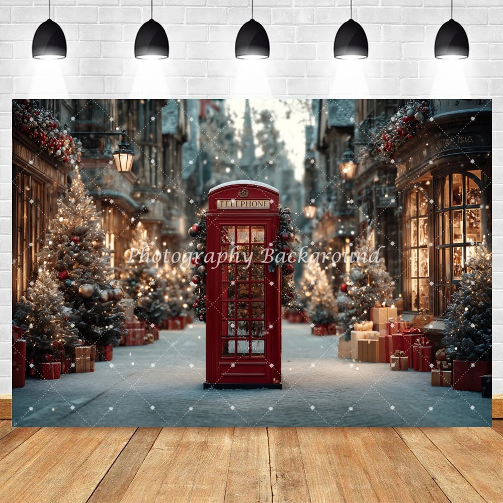 冬の夜ヨーロッパの町の背景写真赤い電話ボックスクリスマスツリーポートレート装飾背景撮影小道具