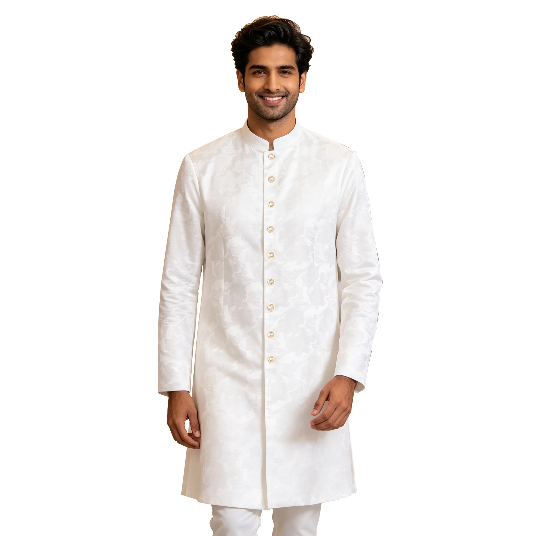 Men's Jacquard Mandarin Collar Long Kurta Mid-Long Tunic Shirt Luxury Embossed Pattern Stand Collar Dress Topfor Wedding WYN2425