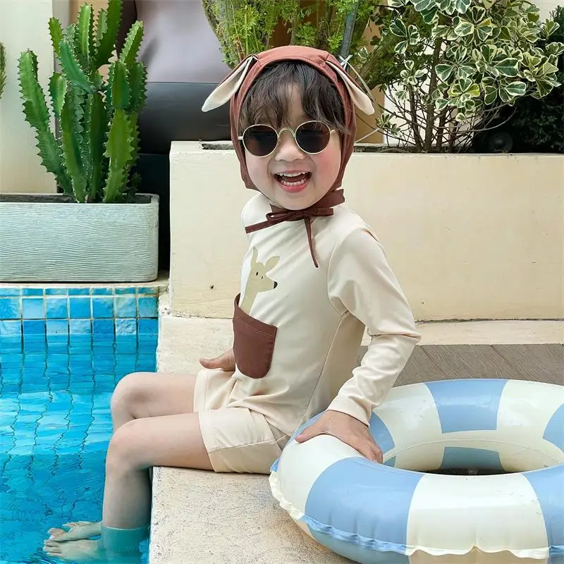 

Summer Kids One Piece Swimsuit Baby Boys Long Sleeve Quick-Dry Cute Cartoon Kangaroo Surfing Suit Swimwear Toddler Bathing Suit