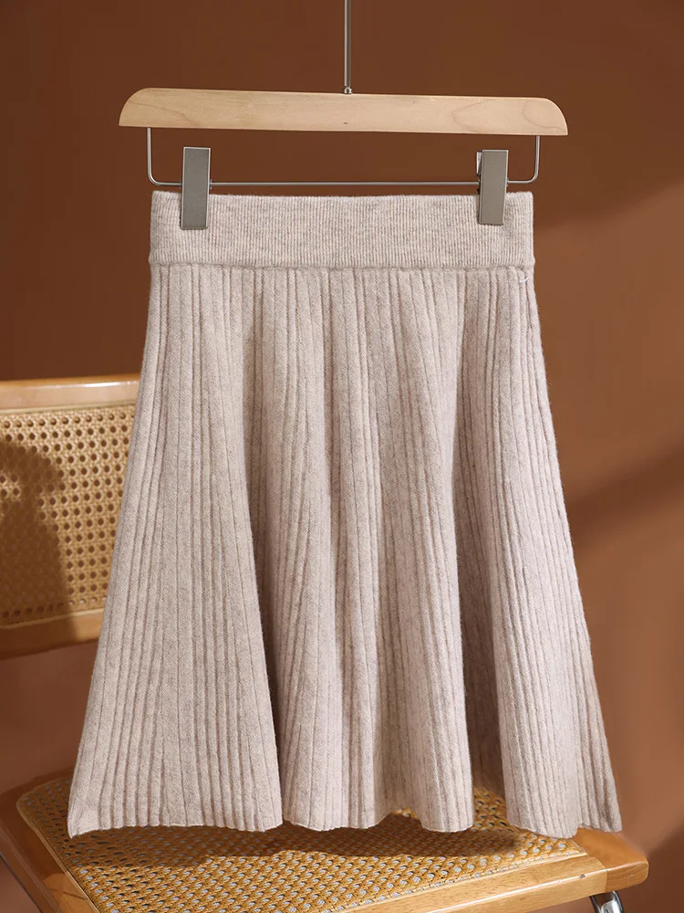 

TLOML Women's A-line Pleated Skirt 100% Merino Wool Mini Skirt Autumn Winter Preppy Style Soft Chic Above Knee Skirt Knitwear