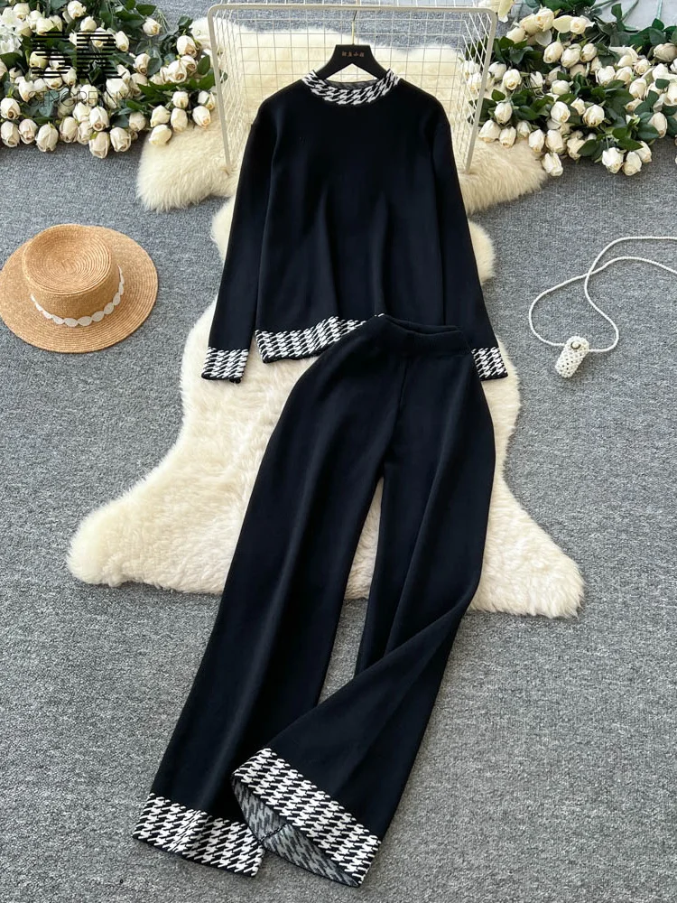 SINGREINY-Conjunto de suéter de pata de gallo para mujer, Jersey holgado + Pantalones largos de pierna ancha, trajes de punto informales de invierno, novedad de 2025