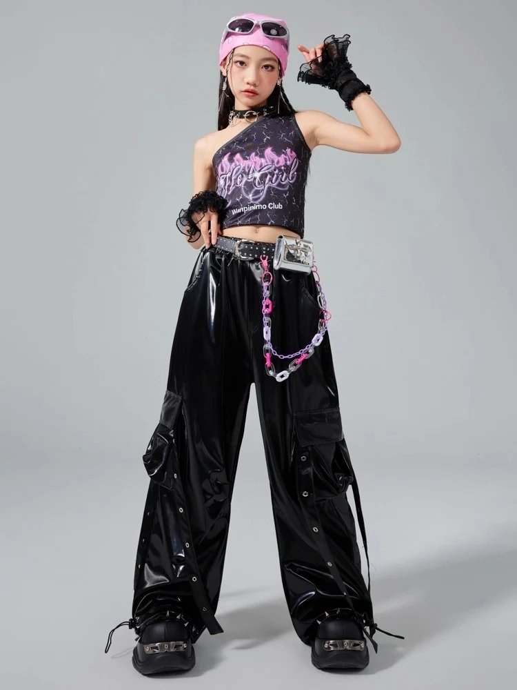 Kpop Jazz Dance Kleidung Hip Hop Kinder Leistung Anzug Sommer Nabel Tops Leder Hosen Mode Laufsteg Zeigen Straße Tragen BL16626