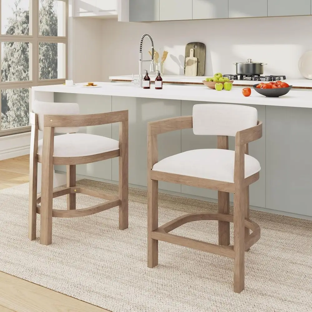 

26 Fabric Upholstered Counter Stools with Wooden Frame and Footrest, Beige and Natural Color