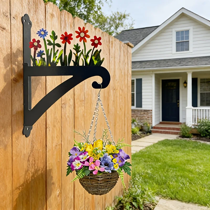 Vintage Wrought Iron Metal Flower Outdoor Hanging Bracket Garden Decoration, Made of Sturdy Wrought Iron Material,, Rust-proof