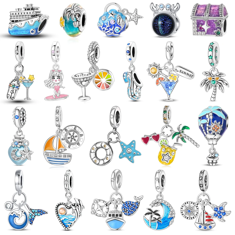 Abalorio Colgante Radiante de Plata de Ley 925 con Barco Azul y Palmera, Compatible con Pulseras Boutique, Serie Playa, Regalos
