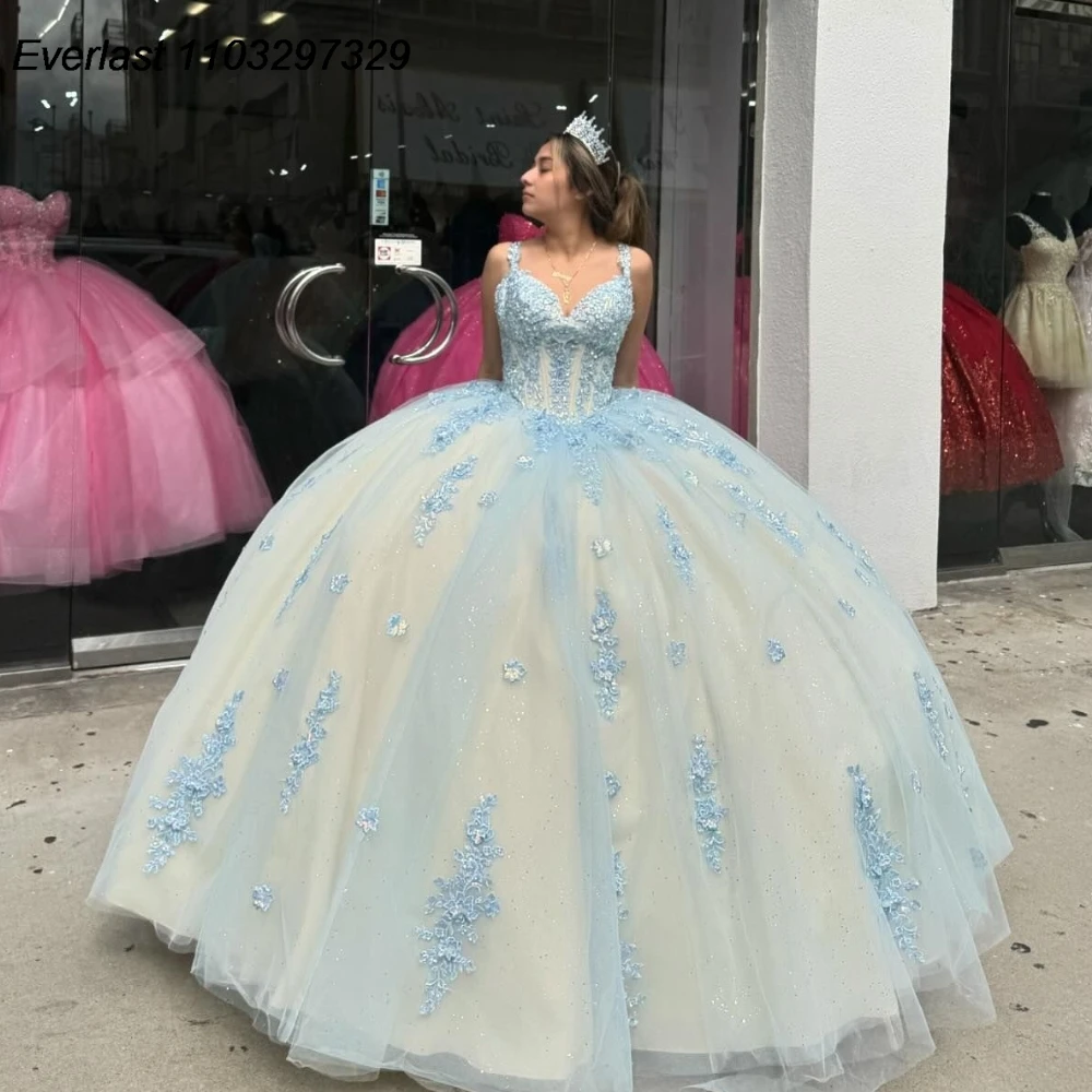 فستان Quinceanera أزرق مخصص من EVLAST فستان حفلة مزين بالدانتيل مطرز بالكريستال المكسيك مشد حلو 16 فيستدو دي 15 أنوس QD1042