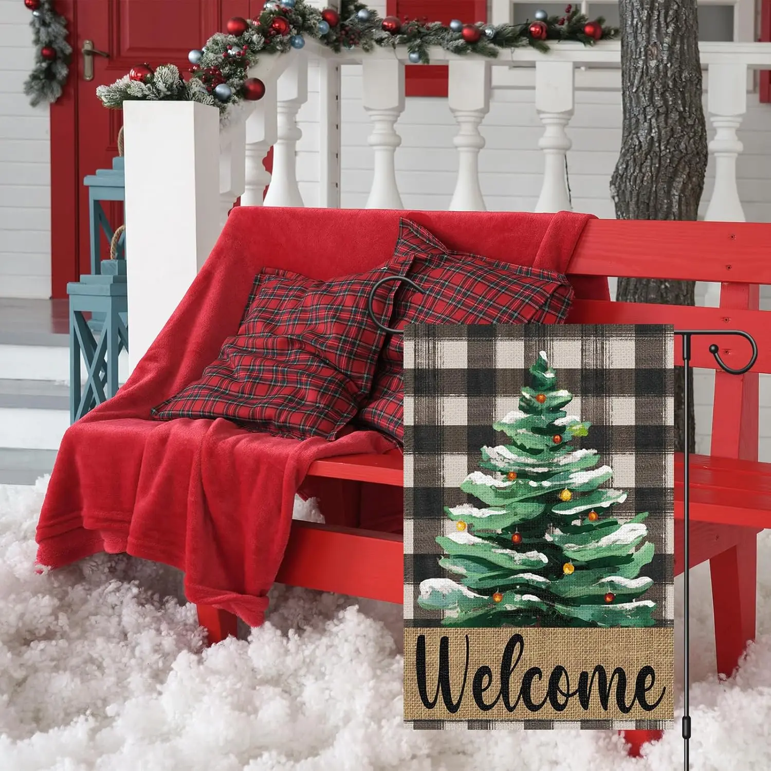 Welcome Christmas Tree Garden Flag 12x18 Inch Double Sided Vertical Buffalo Plaid Winter Xmas Holiday Yard Outdoor Decoratio SSL