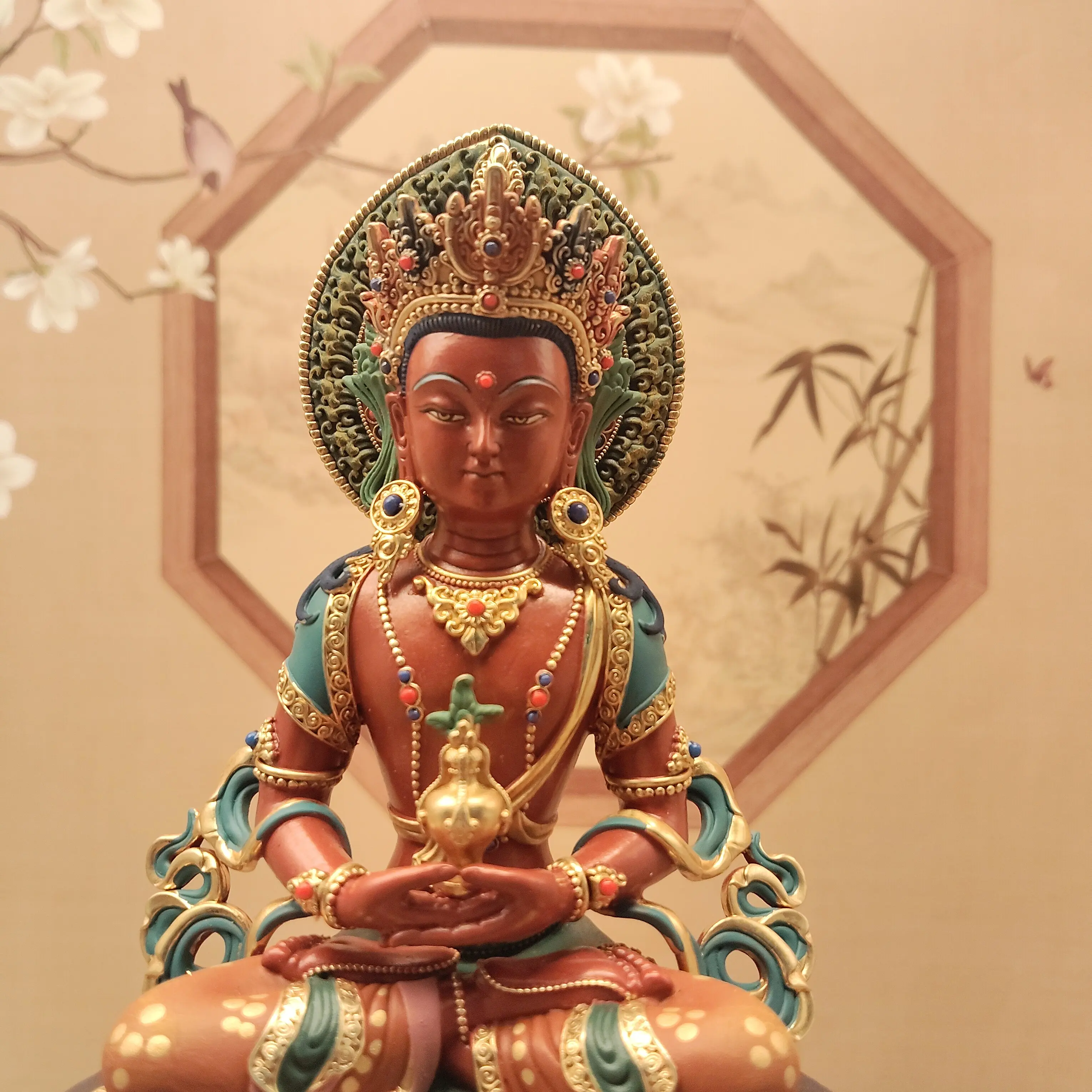 Tibetan Painted Amitayus Buddha Statue 15cm Copper Career Success Blessing Gift Home Office Decor