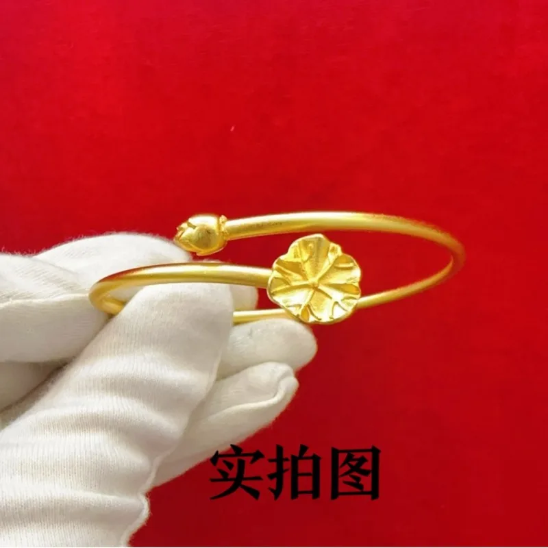 24k Gold 9999 Lotus Leaf And Pod Bangle Unique Open-Ended Ancient-Style Bracelet With Chinese Retro Charm Jewelry Gift