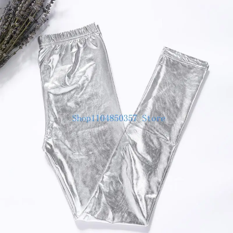 Women Silver Gold Faux Leather Stretch Workout Leggings Tummy Control Yoga Pants