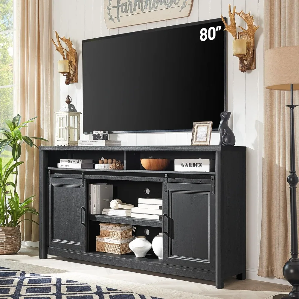 

Farmhouse TV Stand for Living Room, Large Black Entertainment Center with Storage, TV Console for Bedroom, TV Stand with Sliding
